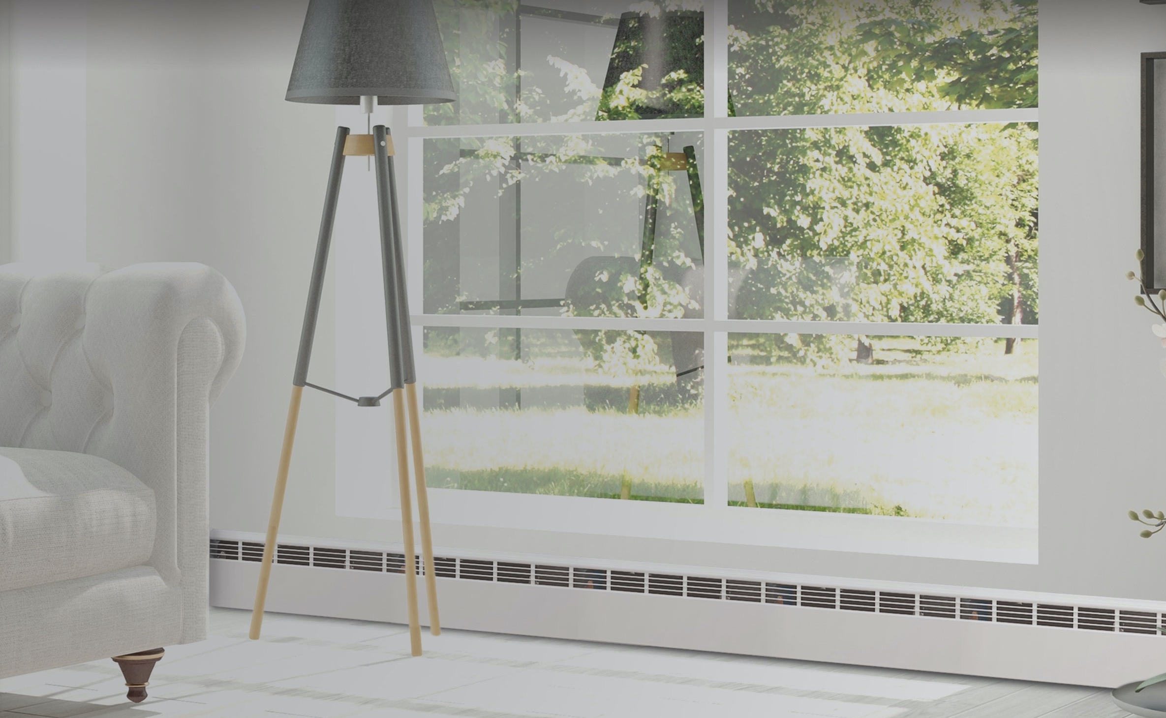 Elegante estancia con una unidad de zoclo térmico Revitaline de Slant/Fin.